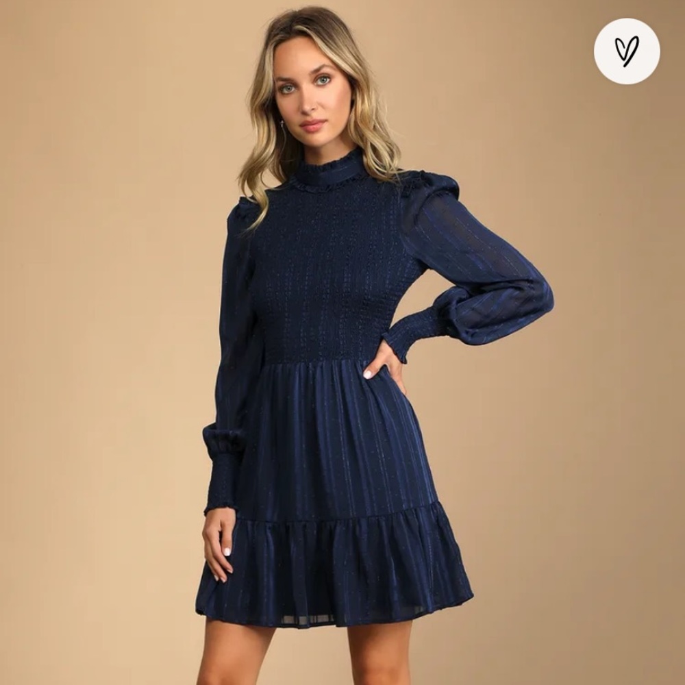 Lulus Heartful Romance Navy Striped Smocked Long Sleeve Mini Dress